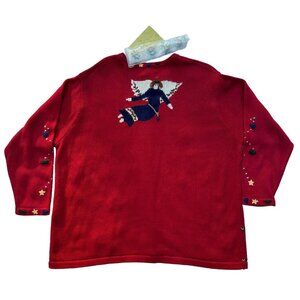 Quaker Factory Christmas Angel Sweater Vintage Red Button Covers Ugly 2X NWT QVC